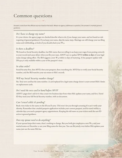 Guide page 'Common questions' with questions such as 'Do I have to change my name?' and 'Is there a deadline?'.