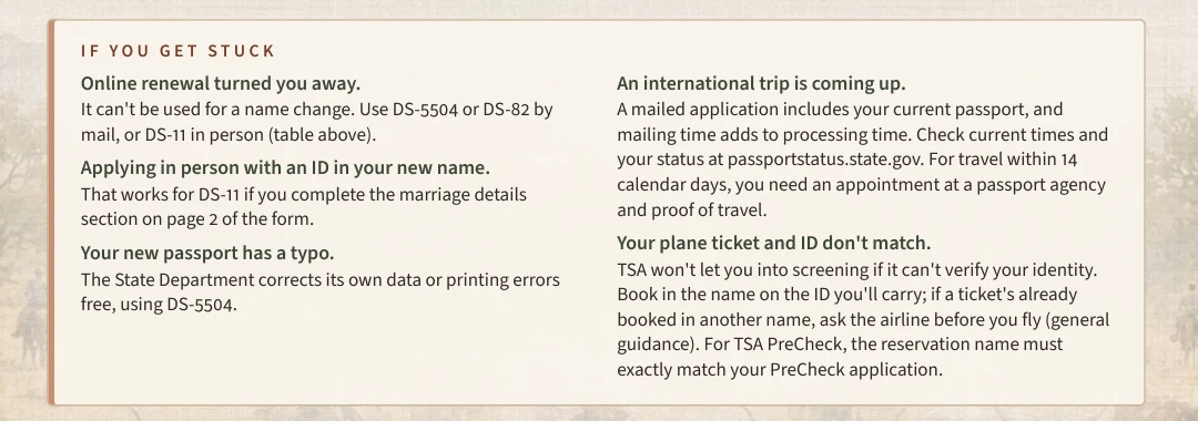 The 'If you get stuck' box from the passport step: online renewal turned you away, applying in person with an ID in your new name, a typo on the new passport, an upcoming international trip, and a plane ticket that doesn't match your ID.